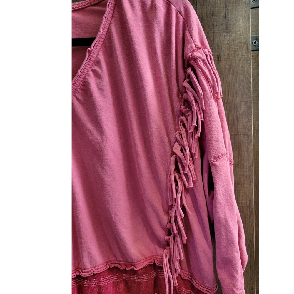 Free People Mixed Media Fringe V-Neck‎ Top Pink Burgundy Boho XS - Picture 5 of 14